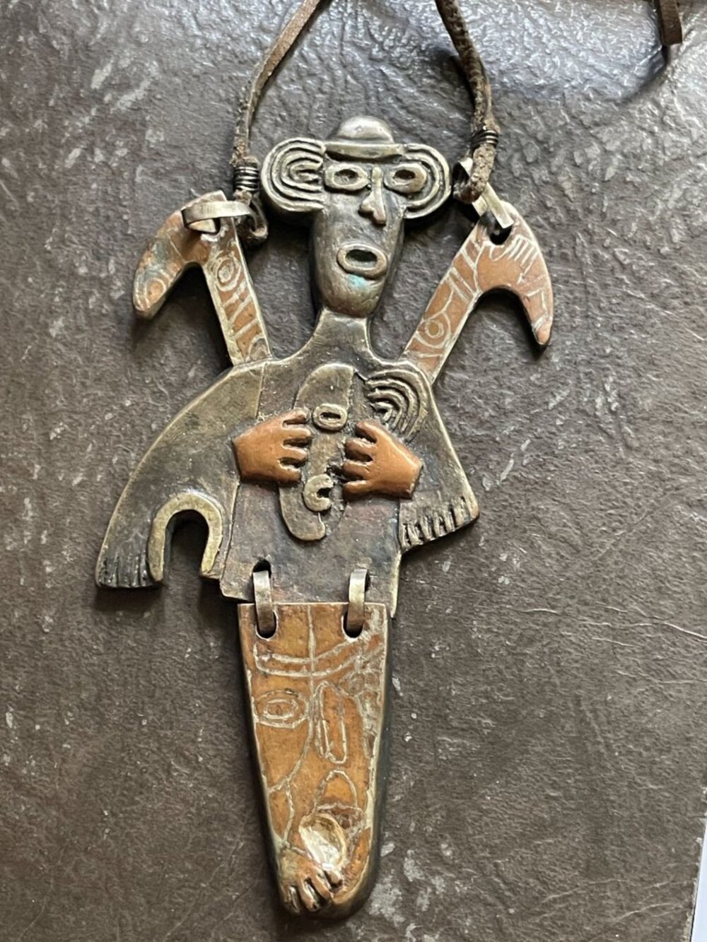 Oversized 5" Mid-Century Modernist Mixed Metal Pre-Columbian Shaman Pendant Neck